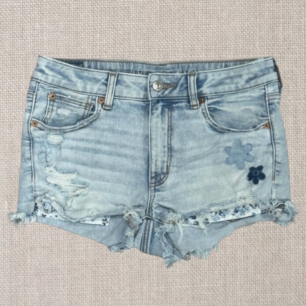 American Eagle Next Level Stretch Blue Raw Hem Cutoff Distressed Daisy Shorts 6